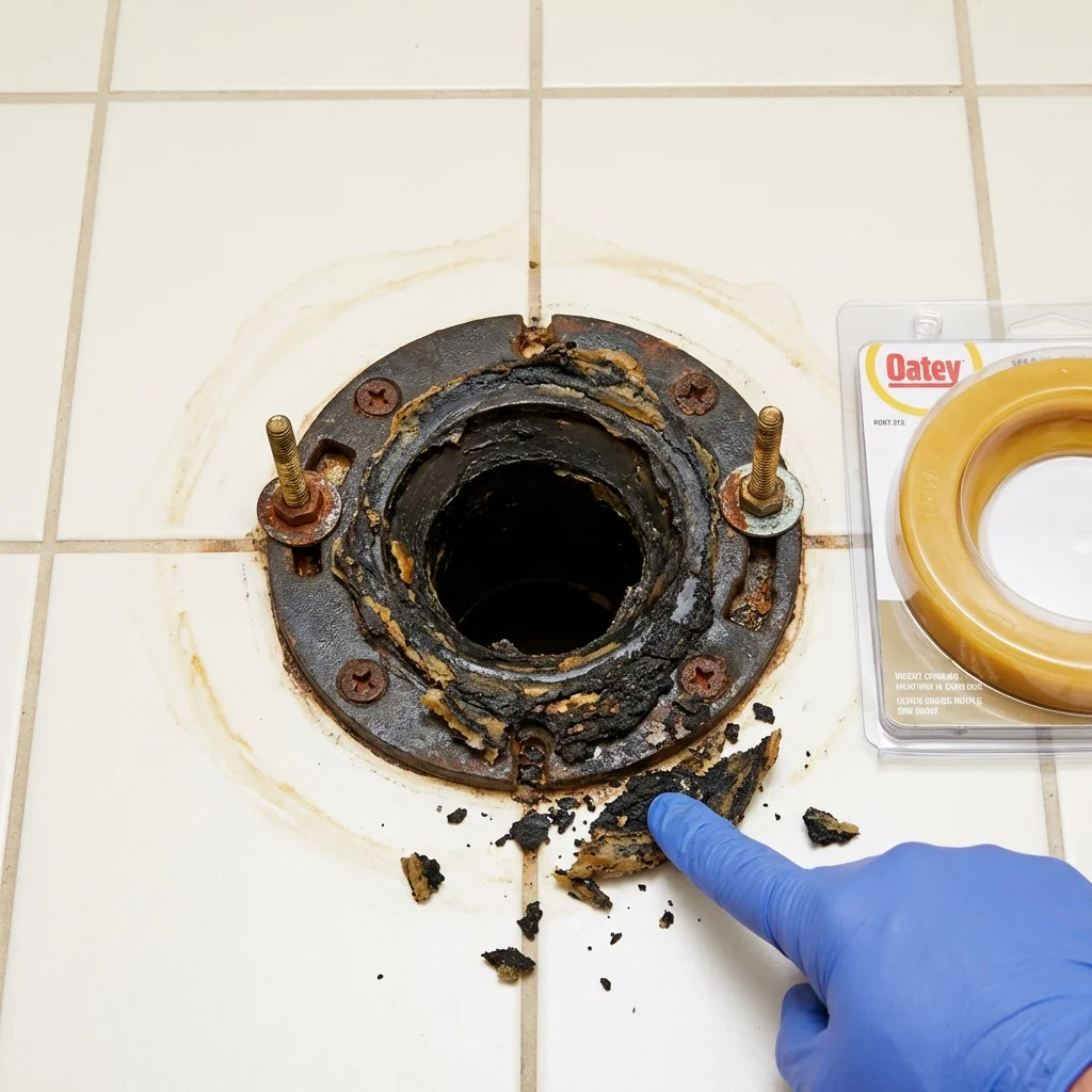 Failed wax ring showing water seepage at the base of a toilet in a Douglas, GA home
